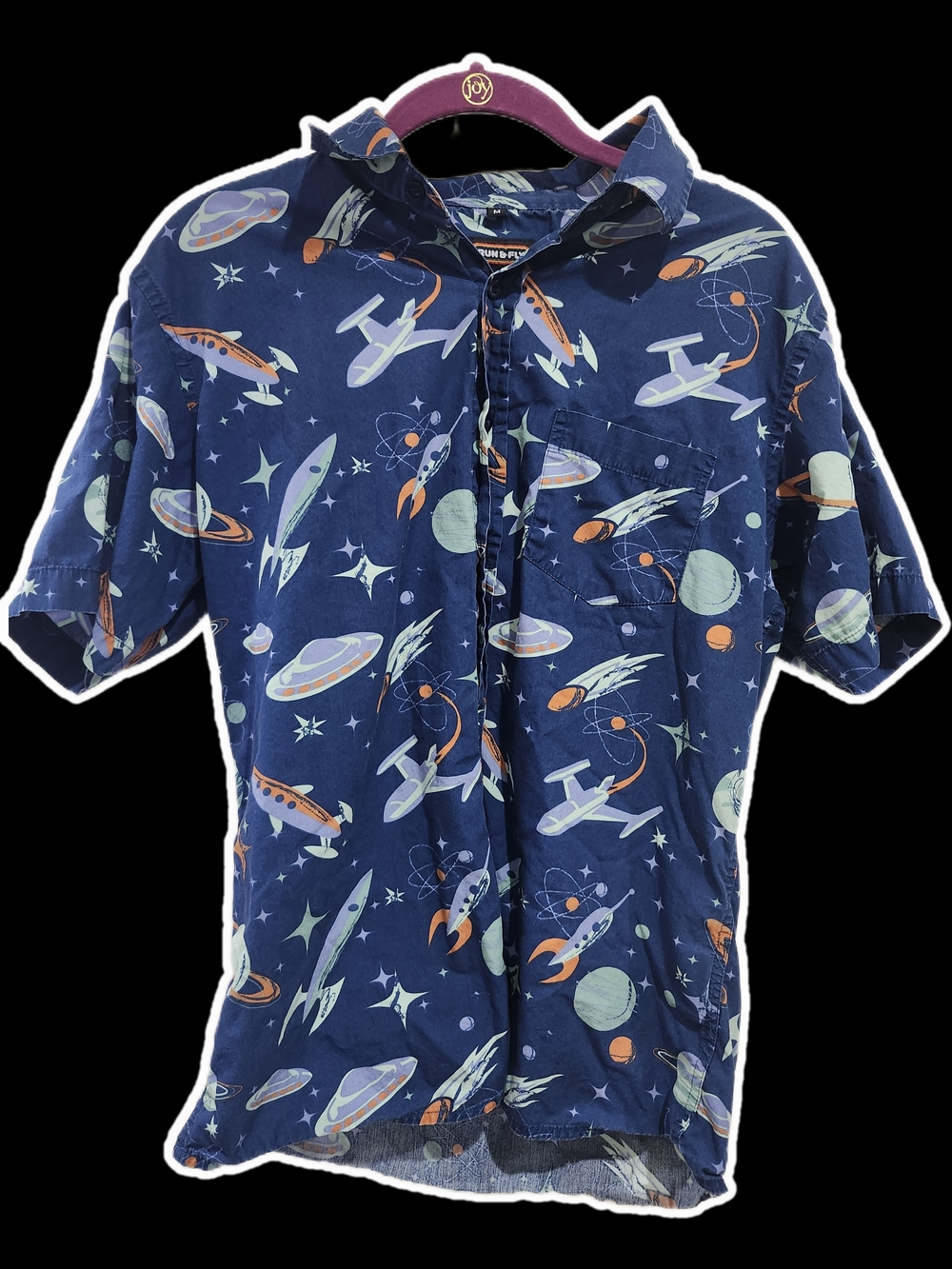 Men's Navy Space-Print Short-Sleeve Button-Down Shirt